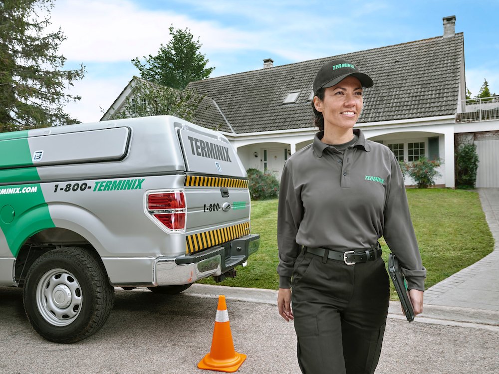 A woman in a gray shirt and black pants, providing pest control services in Augusta.